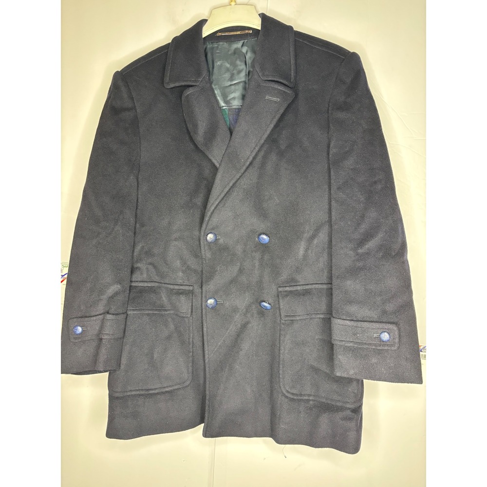 McGregor Mens Navy Blue Wool Blend Double Breasted Pea Coat Plaid Lining Size 52 - Picture 1 of 9